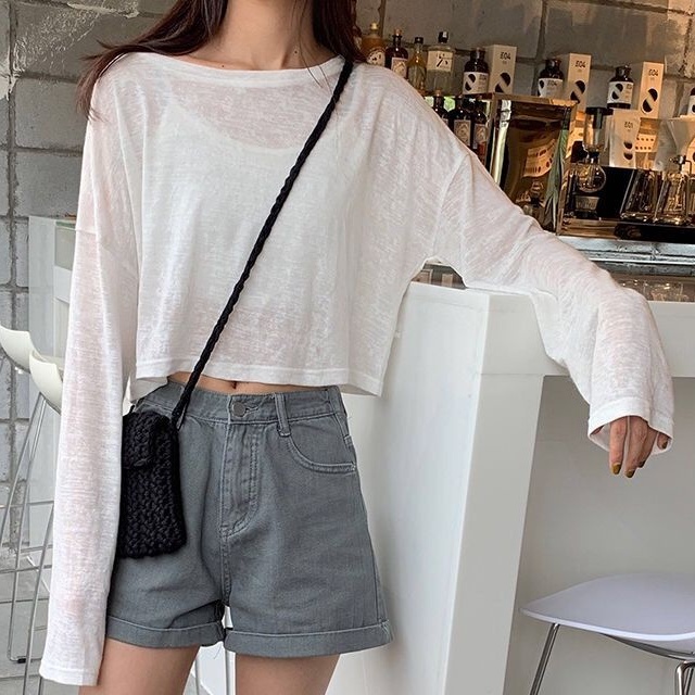 Áo Thun Mỏng Tay Dài Dáng Rộng Ngắn Và Mỏng Thời Trang Hàn Quốc Cho Nữ  Áo phông Nữ NZ-TX-258
