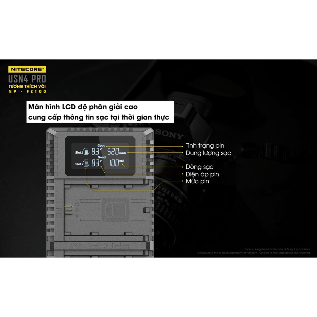 Sạc pin – USN4 Pro – Nitecore – Bộ sạc USB đôi chuyên dụng cho pin Sony NP-FZ100