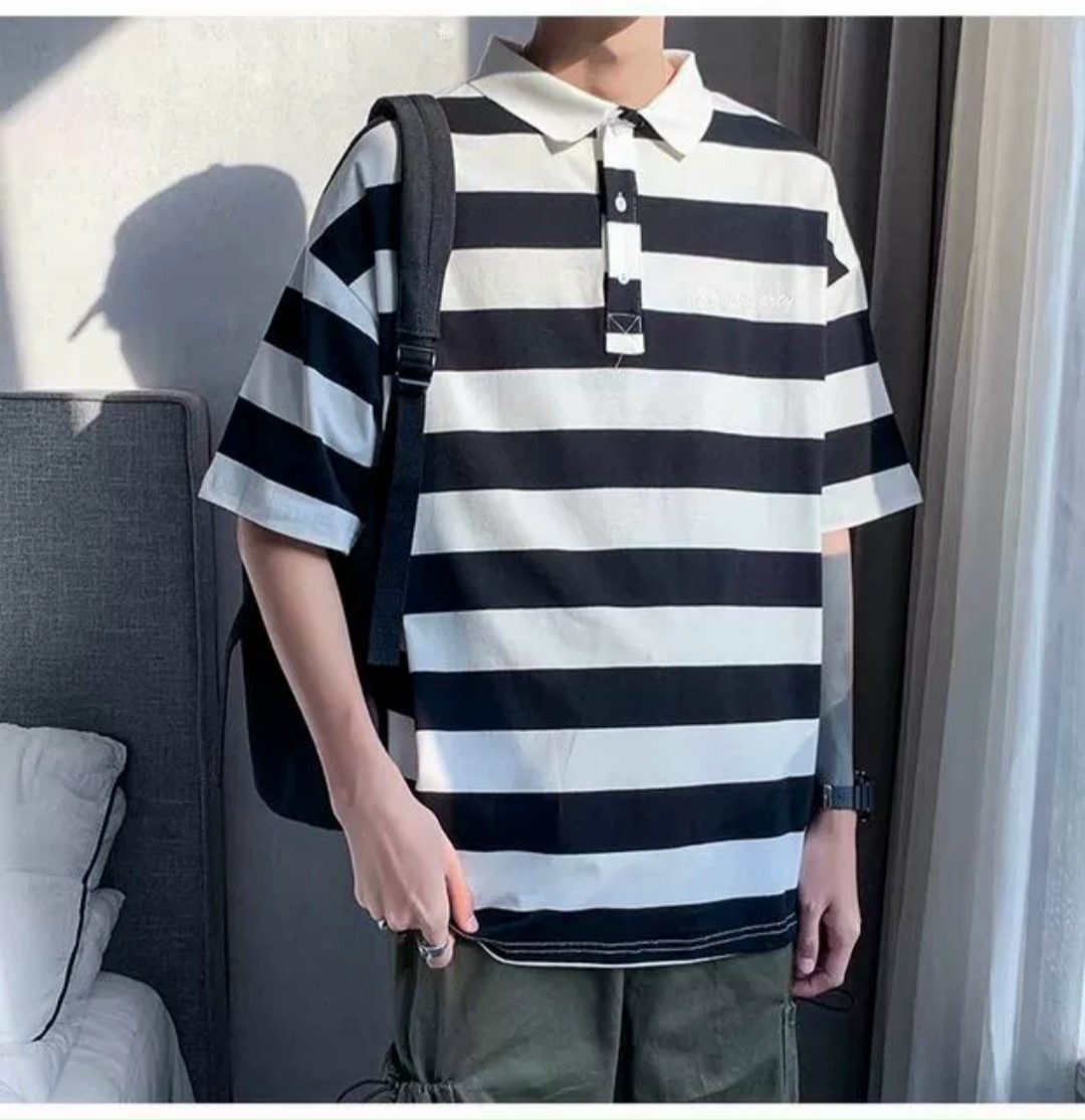 Áo polo nam nữ tay lỡ sọc ngang trắng đen, Áo thun polo unisex form rộng