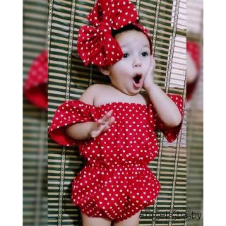 Bộ áo liền quần trễ vai chấm bi đỏ cho bé gái