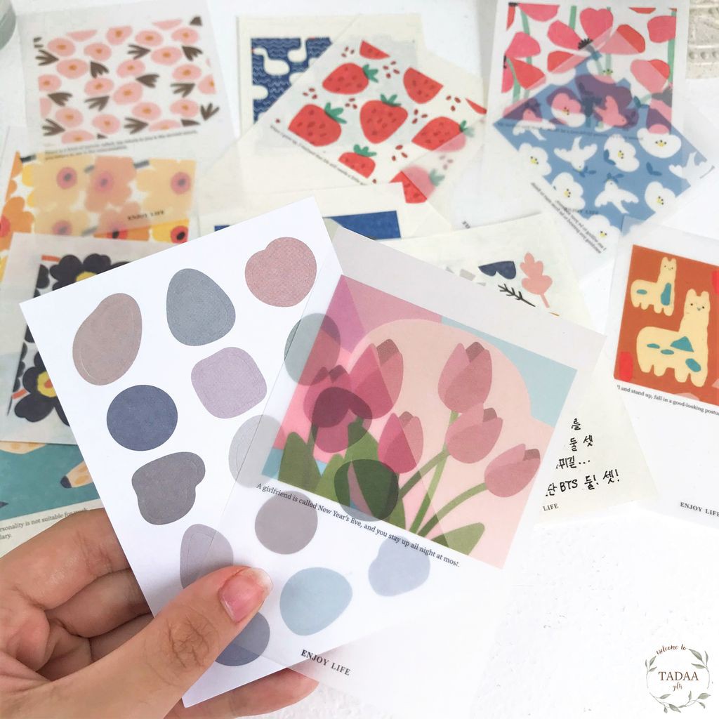 Set 15 giấy trang trí hoa lá vintage, coffee nhiều màu sắc kèm sticker trang trí