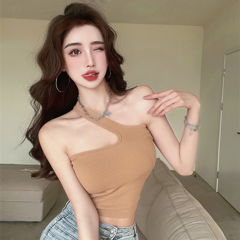 Áo Croptop Hai Dây Hở Vai Màu Sắc Trơn Có Đệm Ngực Phong Cách Hàn Quốc Dành Cho Nữ