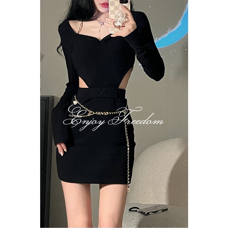 Enjoy Freedom Đầm Trễ Vai Hở Lưng Phối Dây Xích Xẻ Tà Thời Trang Quyến Rũ Cho Nữ