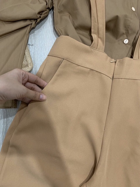 Set áo sơmi tay dài phồng + quần dài yếm ống loe