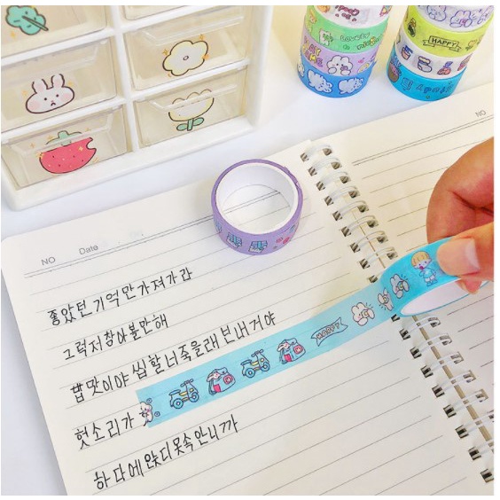 Cuộn băng dính washi tape họa tiết dễ thương nhiều màu sắc, thích hợp trang trí sổ, đồ dùng, dụng cụ học tập SUNNYSTORE