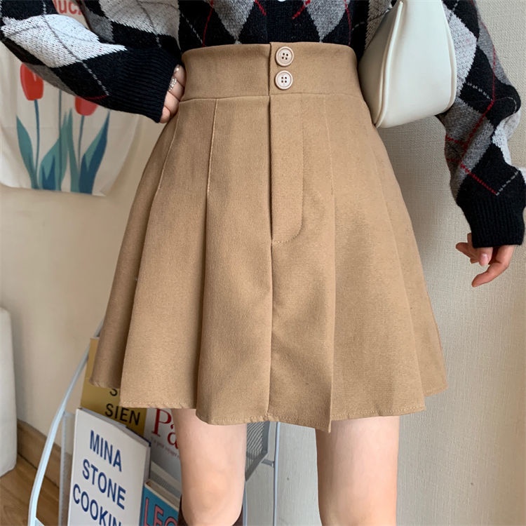 Chân váy xếp ly lưng cao dáng chữ A màu sắc retro thời trang thu đông cho nữ