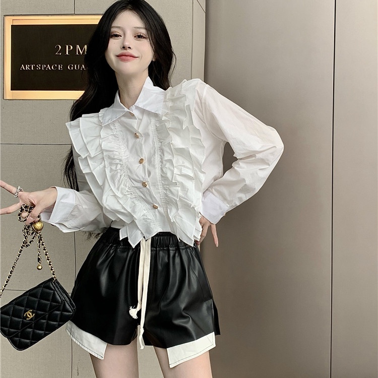 Set Áo Sơ Mi Tay Dài + Quần Short Da pu Lưng Cao Thời Trang