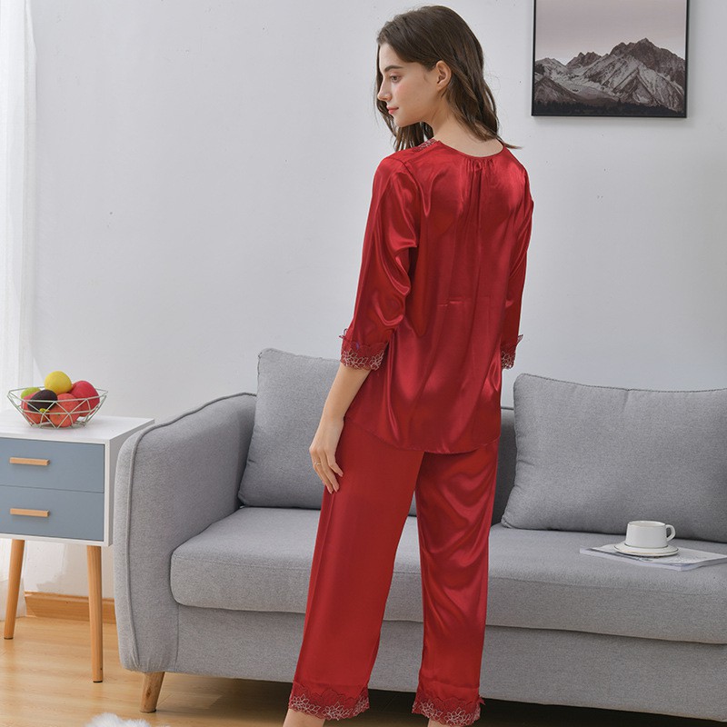 Bộ Đồ Ngủ Giả Lụa Mát Phối Ren Màu Đỏ Phong Cách Hàn Quốc Thời Trang Xuân Thu Mới Cho Nữ