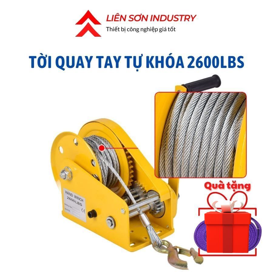 Tời quay tay tự khóa 2600LBS, tời quay tay tải kéo 1180kg, tải nâng 400kg cáp thép 6 ly dài 20 mét tặng kèm bản mã