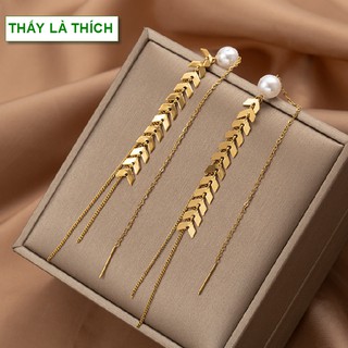 Bông tai dài đẹp nữ dáng tua rua lúa mì phối ngọc sang chảnh - Hàng chuẩn titan màu sắc bóng đẹp-Cam kết 1 đổi 1 nếu đen