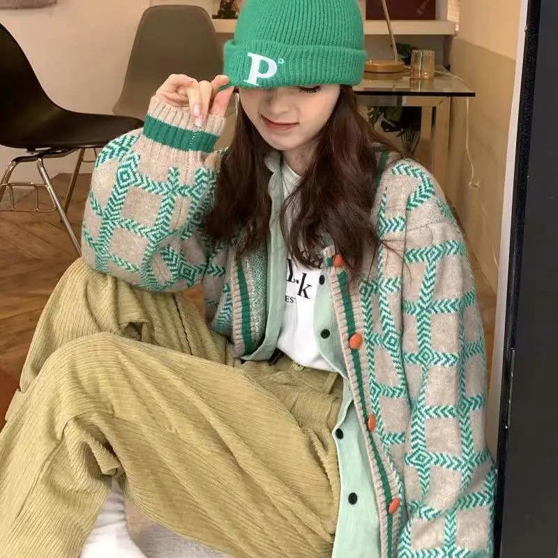 [Spot] Áo Khoác cardigan Dệt Kim Mỏng Dáng Rộng Họa Tiết Kẻ Sọc Màu Xanh Lá Phong Cách retro Hàn Quốc Thời Trang Mùa Thu