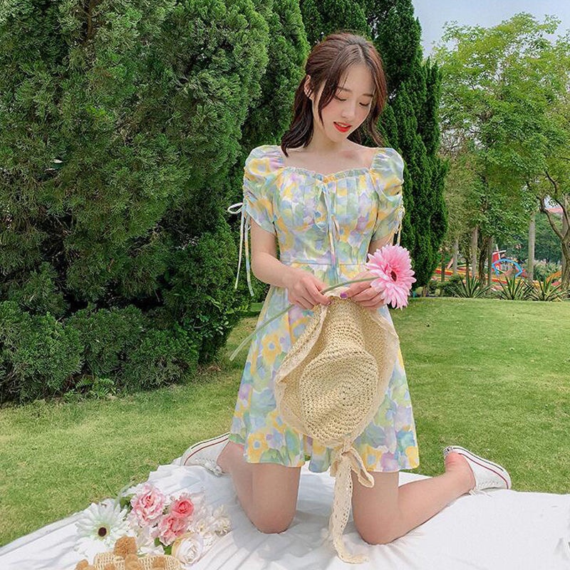 Đầm ngắn tay cổ vuông eo cao in hoa thời trang hè kiểu Pháp mới năm 2021