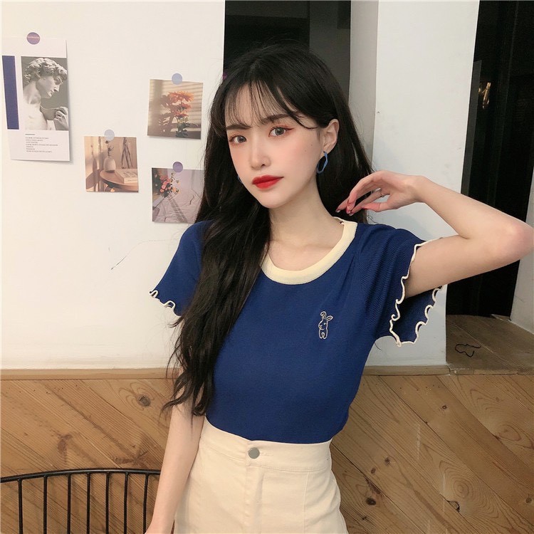 ÁO CROPTOP KIỂU CỔ TRÒN THÊU THỎ TRƯỚC NGỰC VẢI THUN GÂN [CLIP THẬT][FREESHIP] hàng loại 1, form ôm body chuẩn | WebRaoVat - webraovat.net.vn