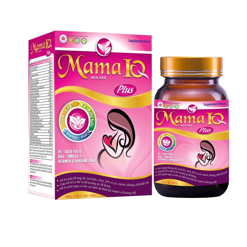 Mama IQ Plus Hoa Viên, Hỗ trợ giúp bổ sung sắt-acid folic-DHA-EPA và các vitamin - khoáng chất.
