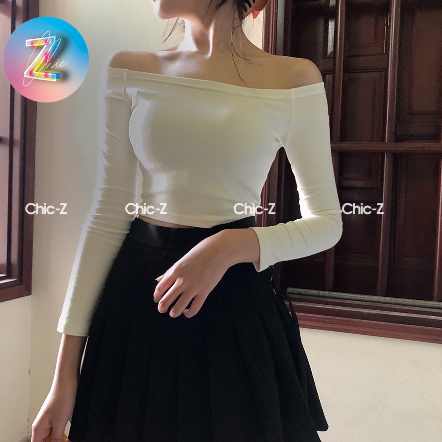 Áo Croptop Nữ Tay Dài Trễ Vai, Ngang Vai, Vải Thun Zip Cotton 100% Ôm Body, Hack Dáng Co Giãn 4 Chiều Nhà Chic-Z 2022