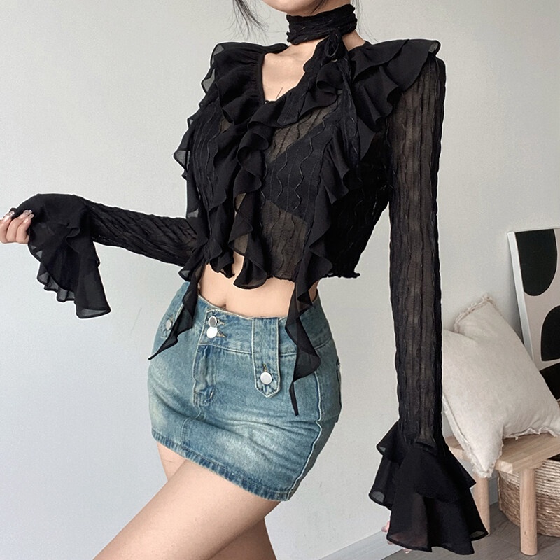 Kliou  Áo croptop KLIOU tay dài ống loe nhún bèo kiểu Pháp tinh tế sành điệu thời trang 2023 cho nữ