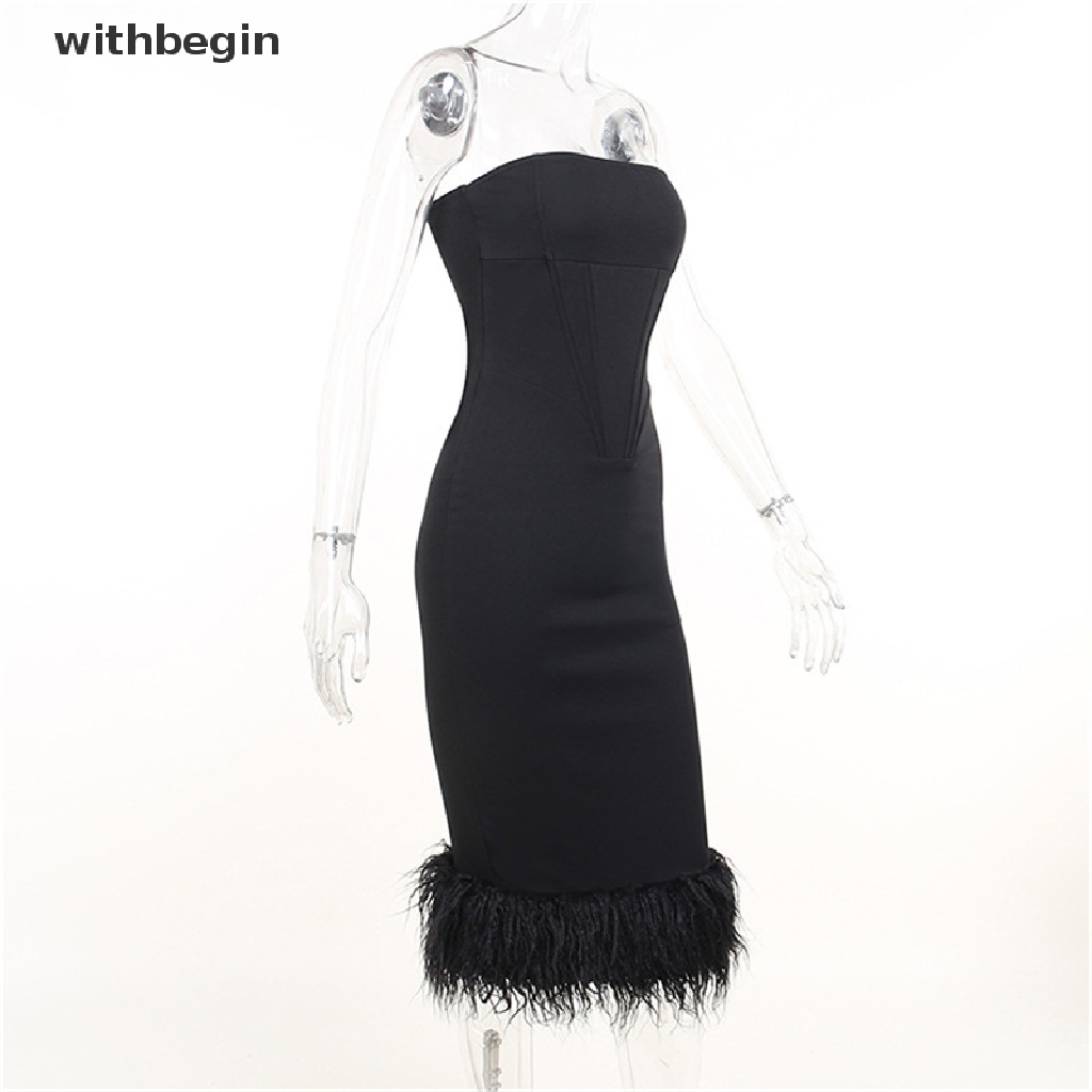 Đầm Midi Ôm Dáng Hở Lưng Phối Lông Vũ Quyến Rũ Thanh Lịch Cho Nữ