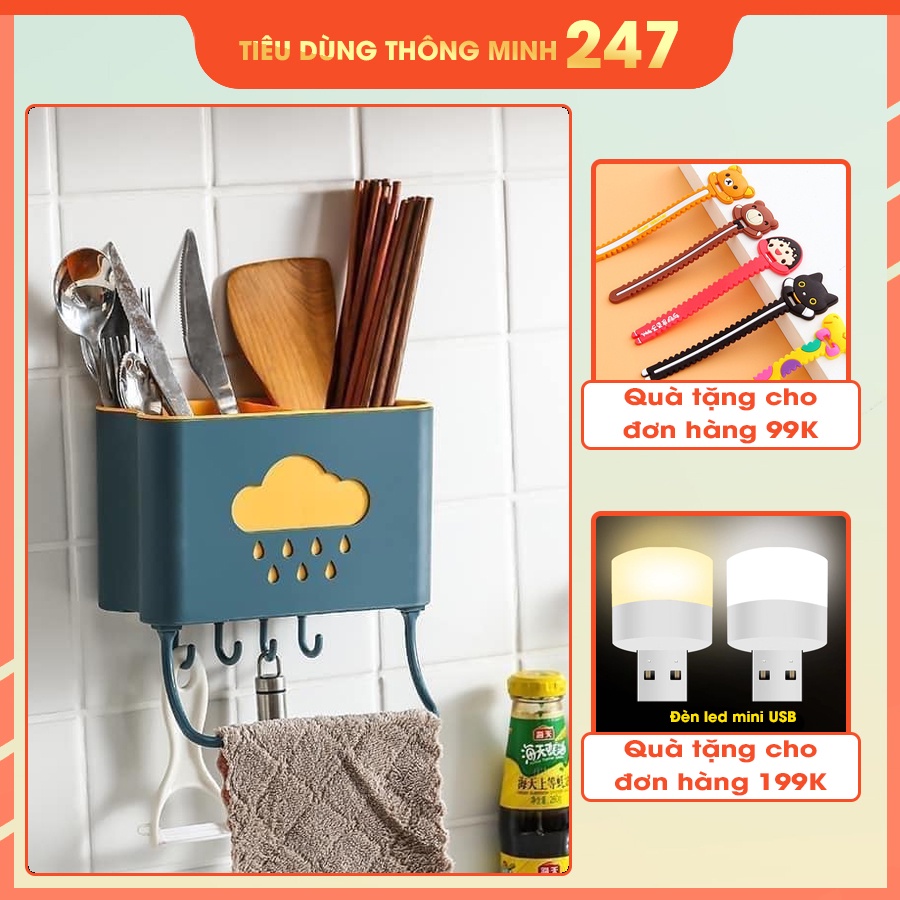 Hộp đựng đũa treo tường hình đám mây FREESHIP Hộp đựng thìa tiện lợi có móc treo tiết kiệm diện tích