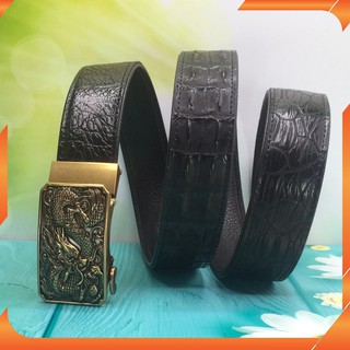 Thắt lưng nam NP256 da thật vân cá sấu bền đẹp, mặt 3D rồng bay mạ hợp kim cao cấp_ Dây da Đen