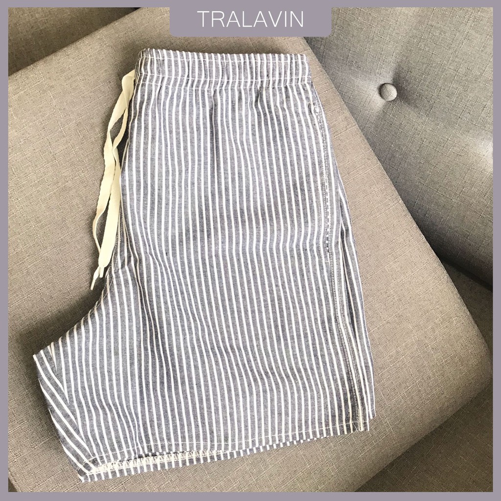 Quần Nam Đũi, Quần short, Quần ngắn nam họa tiết kẻ dọc, Chất liệu Đũi, Đồ măc nhà tralavin