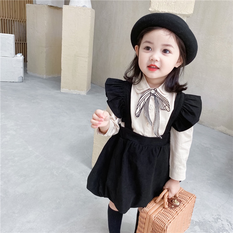 Đầm Yếm Tay Phồng Chất Nhung Cotton Phong Cách Hàn Quốc Dễ Thương Cho Bé Gái