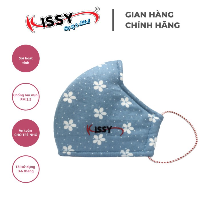 Khẩu trang vải 3 lớp Kissy người lớn size M cho nữ họa tiết hoa cúc trắng nền xanh, chống nắng và chống bụi mịn hiệu quả