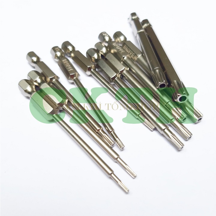 Mũi hoa thị lục giác có lỗ. Bộ 11 mũi vít hoa thị dài 75mm cho máy khoan và máy bắt vít hãng Broppe