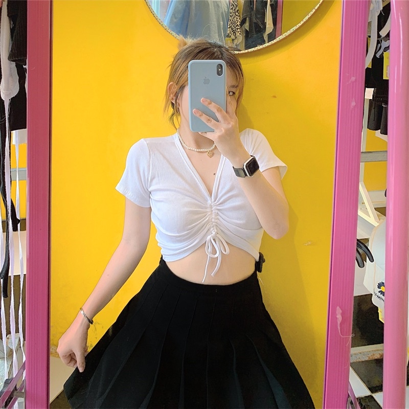Áo croptop rút dây giữa gân co giãn siêu đẹp 🦋 [FREESHIP] Áo Croptop Tay Ngắn TRẮNG ĐEN BASIC