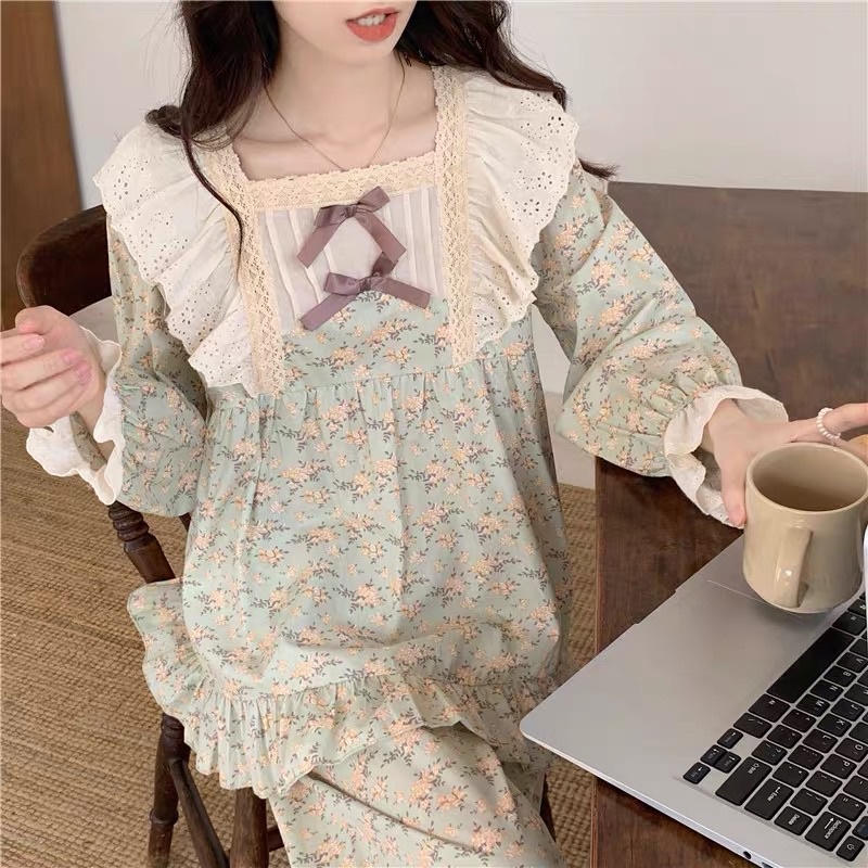 New SET BỘ ĐỒ NGỦ MẶC NHÀ TIỂU THƯ DÀI TAY HOA XANH NHẠT BÈO NƠ rẻ nhất shopee