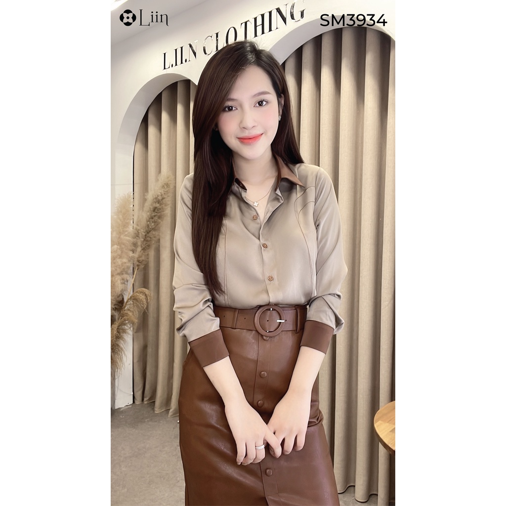 Áo sơ mi dài tay chất vải lụa ngọc trai nâu kiểu dáng trẻ trung, thời thượng Liin Clothing SM3934