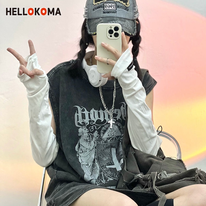 Áo Thun Cotton Trơn Không Tay In Hình Hello Kitty Phong Cách Hip Hop Mỹ Cho Nữ