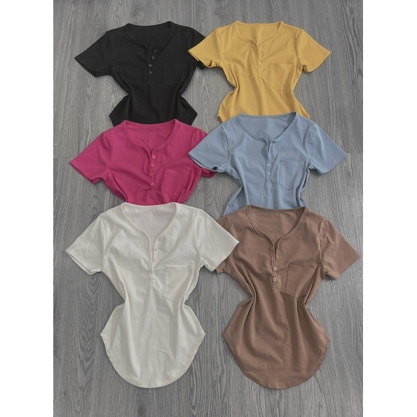 Áo thun body vạt bầu TAY NGẮN cổ V phối túi | BigBuy360 - bigbuy360.vn