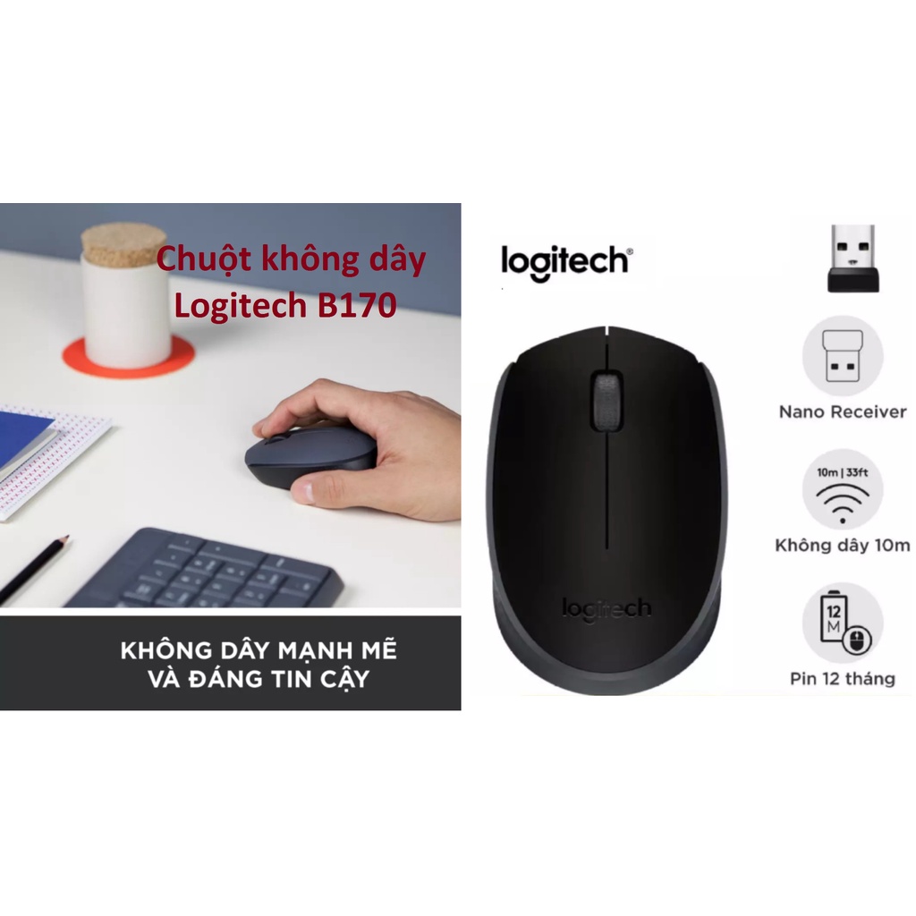 Chuột không dây Logitech B170. Hàng chính hãng.Thiết kế thuận cả 2 tay, phù hợp PC/ Laptop