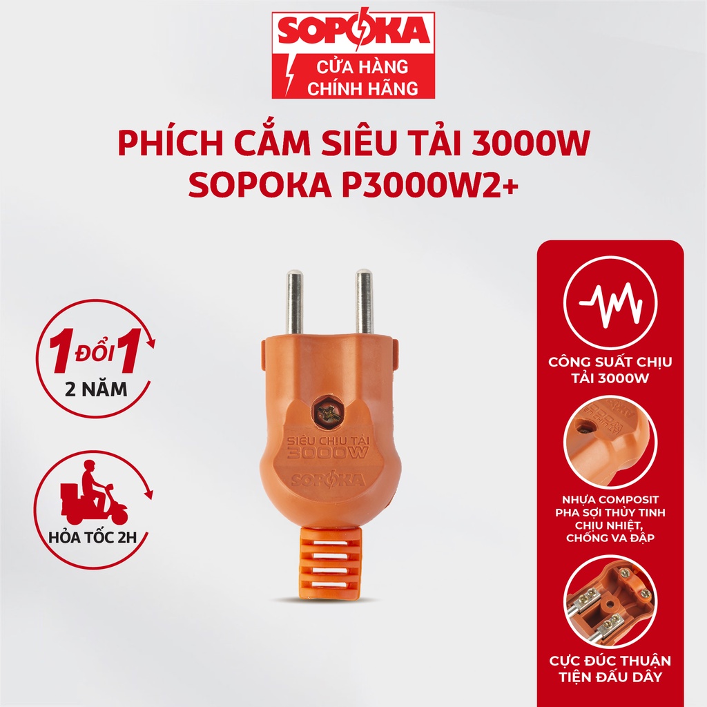 Phích cắm siêu tải SOPOKA P3000W2+ chống vỡ chịu nhiệt chịu tải cao 3000W