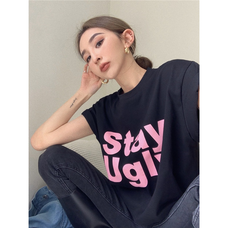 Áo Thun Nữ Tay Ngắn Cổ Tròn In Chữ Phong Cách Hàn Quốc