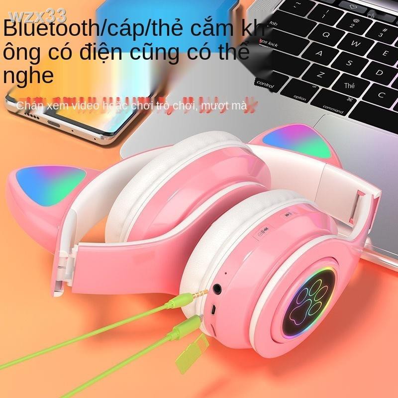 Tai nghe Bluetooth dạ quang gắn đầu mèo dễ thương đa chức năng bass siêu trầm dành cho điện thoại di động Apple và