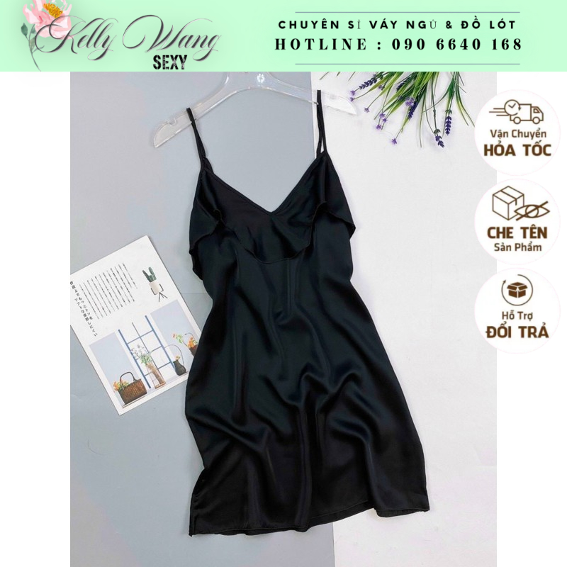 Váy ngủ lụa KELLY WANG sx165 đắp bèo lụa satin cao cấp - đầm ngủ lụa satin