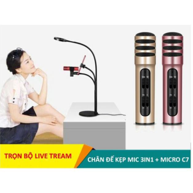 Bộ mic thu âm giá rẻ hát karaoke, livestream trên điện thoại ( Chân đế kẹp mic 3in1 có đèn Led + Micro C7)