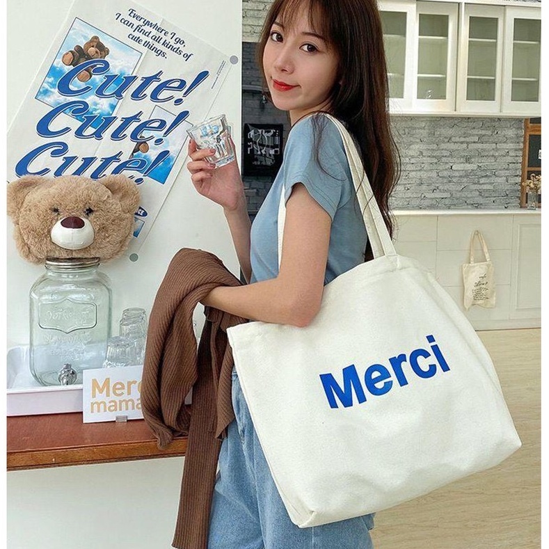 Túi tote vải canvas cao cấp Merci khổ vuông sang trọng