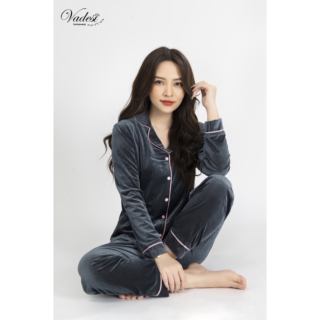 Set Bộ Đồ Thu Đông Ngủ Nữ Pijama VADESI Dài Tay Nhung Tăm Giữ Nhiệt Cao Cấp Mặc Nhà Sau Sinh Đẹp Mềm Mại Co Giãn
