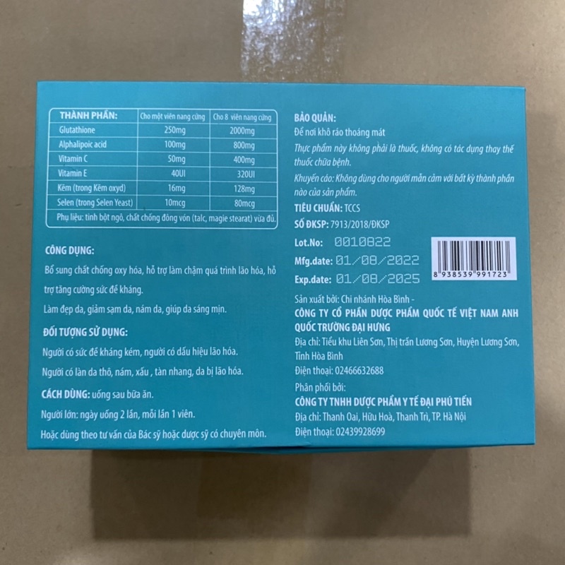 Viên uống trắng da mờ nám GLUTATHIONE 1000 mg - Glutathione 2000mg - Hỗ trợ làm đẹp da  Glutathion 1000mg Hộp 30 viên