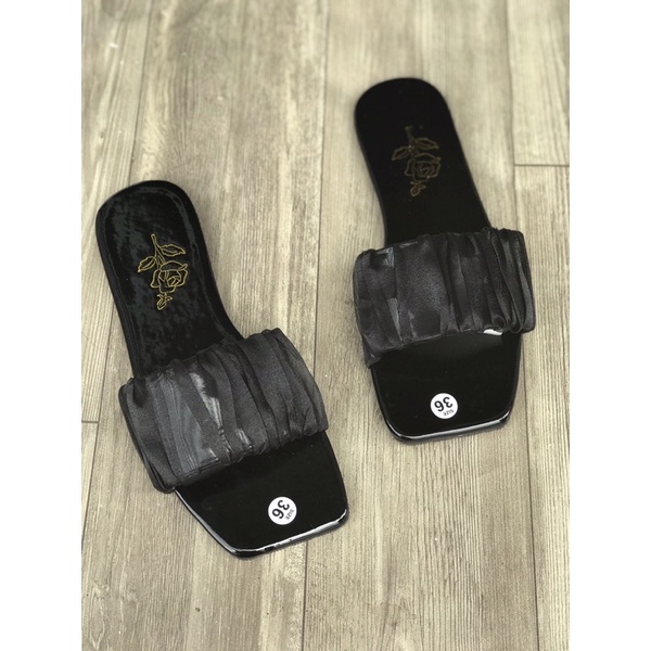 Dép nữ quai ngang vải dúm đế bệt đi chơi