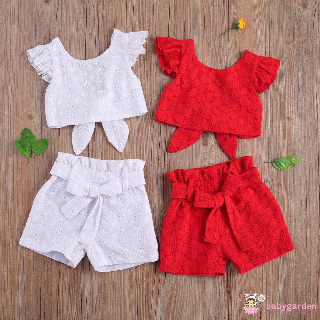 Set đồ hai mảnh gồm áo tay cánh tiên hở lưng và quần short dệt Jacquard cho bé gái mặc chụp ảnh dự tiệc sinh nhật