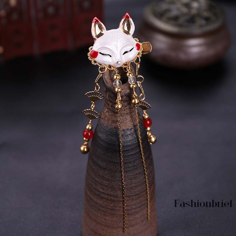 Kẹp tóc hình thỏ cáo tua rua dễ thương phối với đồ Kimono Hanfu cho nữ