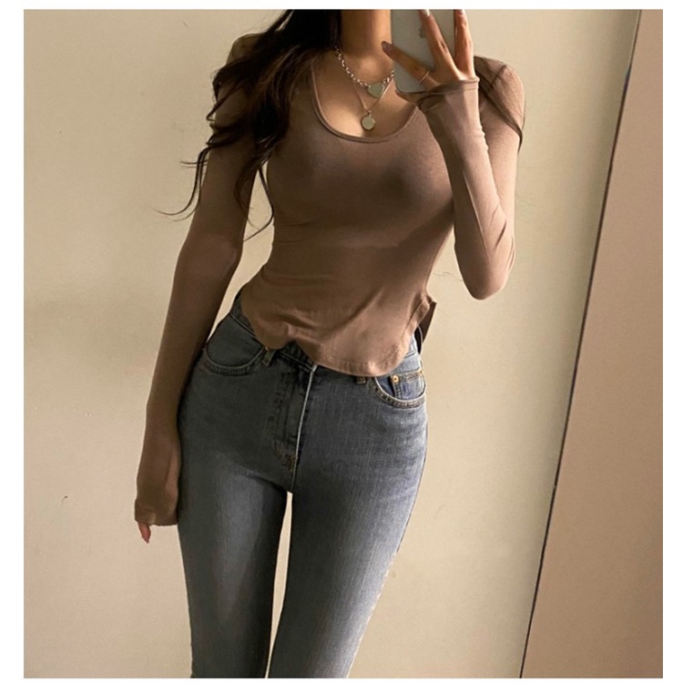 Cocory vn Áo Croptop Tay Dài Cổ Chữ U Màu Trơn Hợp Thời Trang Cho Nữ