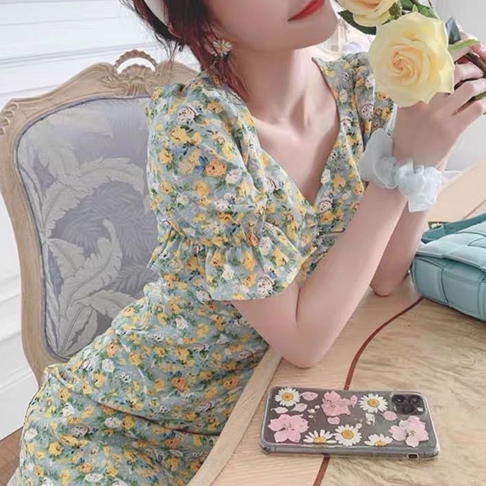 Đầm Nữ Dáng Dài Họa Tiết Hoa Cúc Nhỏ Phong Cách Pháp Thời Trang Mùa Hè Mới