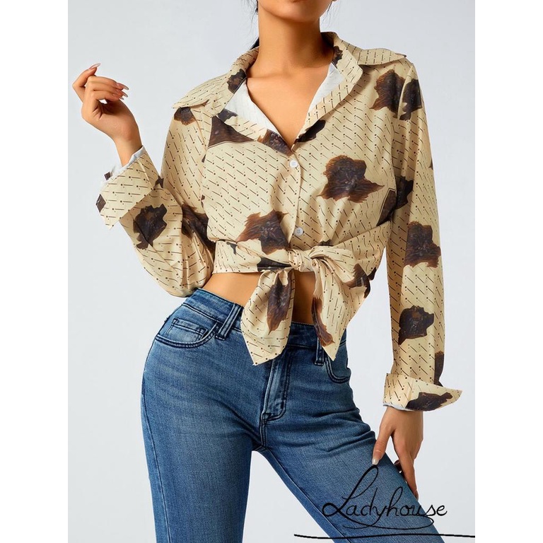 Áo Sơ Mi Cài Nút Xuống Tay Dài Cổ Chữ V In Họa Tiết Vintage Ôm Dáng Cho Nữ