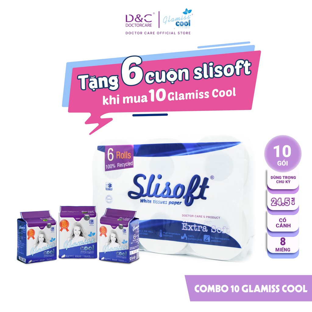 Băng vệ sinh thảo dược Glamiss Cool ban ngày 24cm Combo 10 gói Tặng bịch giấy vệ sinh Slisoft 6 cuộn