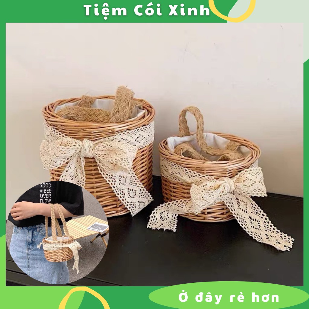 Túi Mây Mini Quai Tết Thắt Nơ Ren Vintage Xách Chụp Hình Dễ Thương