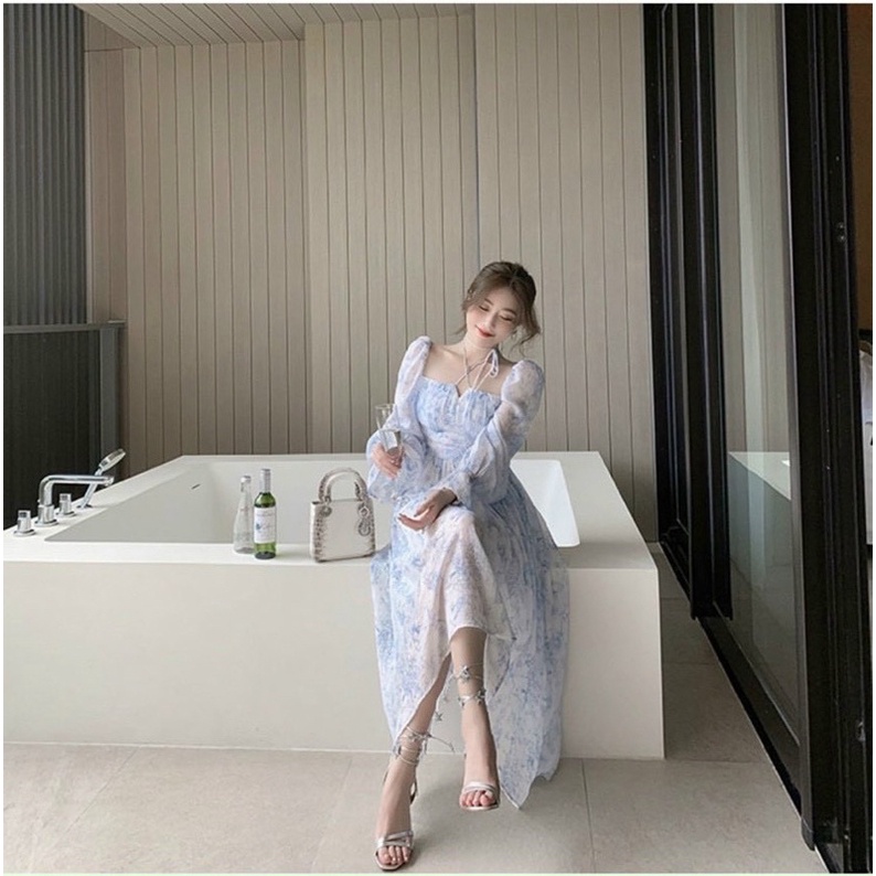 🦋Đầm MiDi Hoa Xanh Cổ Vuông Dây Chéo Tay Bo Thun🦋